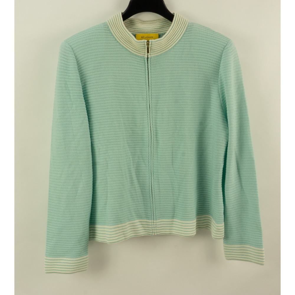 St. John Gold Label Wool Full Zip Cardigan Sweater Light Teal Contrast Womens XL